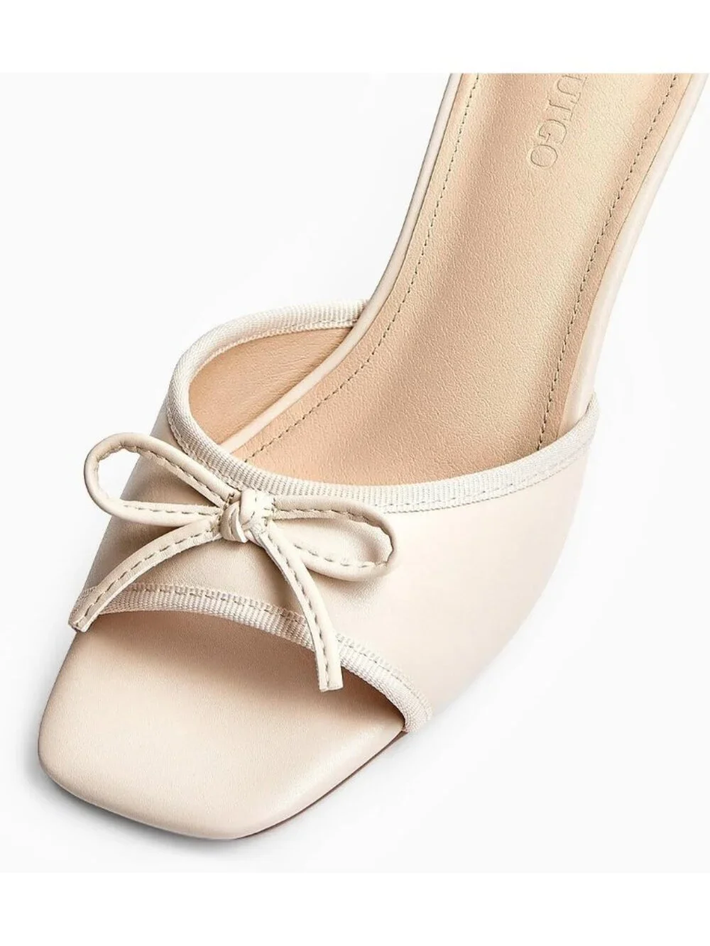 Women's Bow Mules Heels Kitten Heel Slide Beige Sandals Square Toe Slip On Shoes